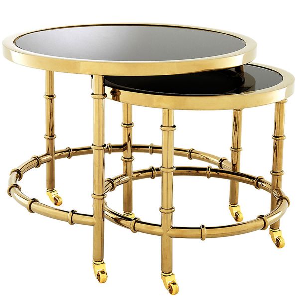 Zestaw 2 okrągłych złotych stolików Bamboo Gold